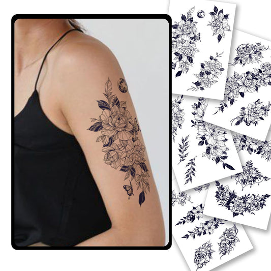 CHARLNET 5 Sheets Flower Semi-Permanent Tattoos for Women - 2 Weeks Long Last Rose Fake Tattoos for Women Arm Body/Fades Naturally/No Reflection/Waterproof/Realistic