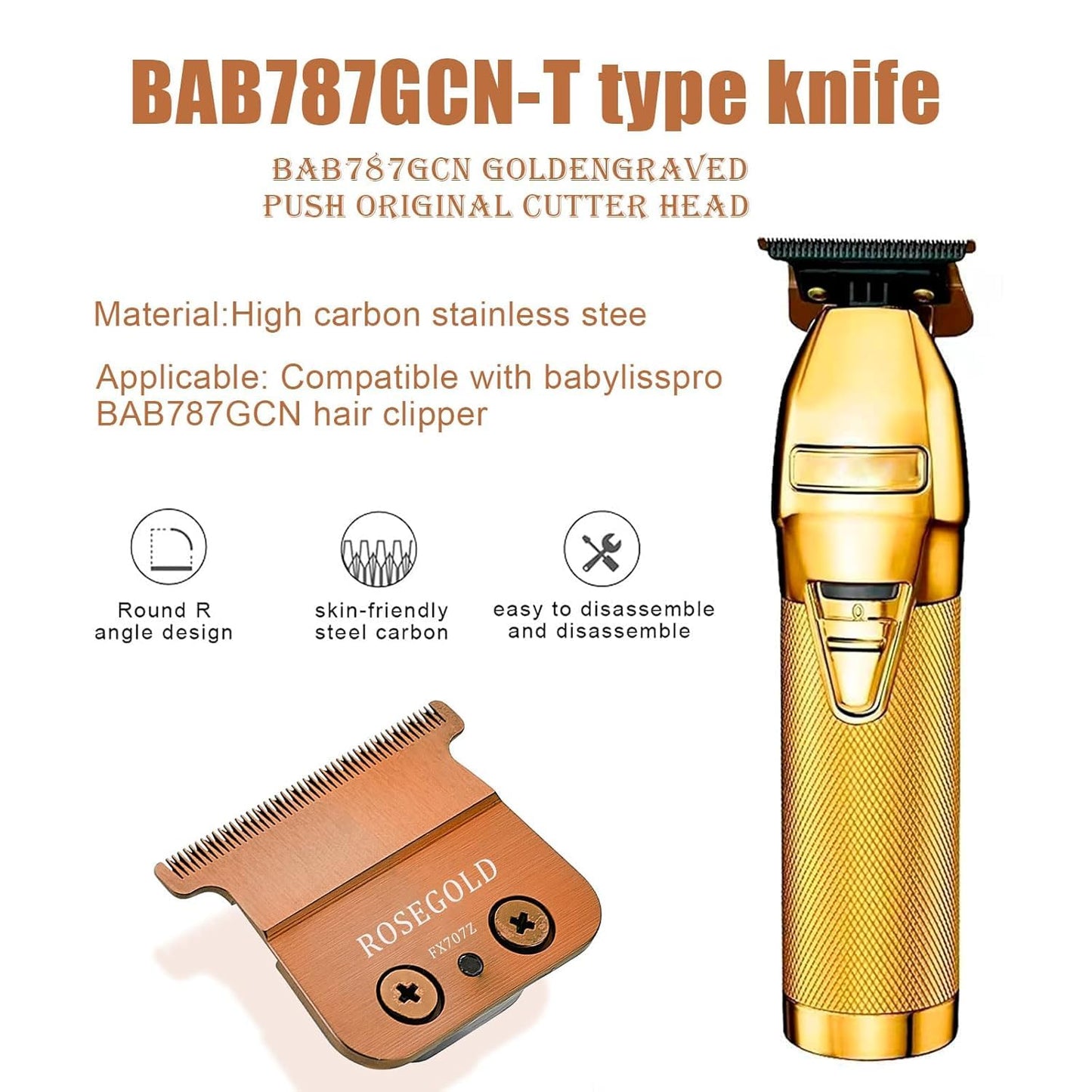 FX707Z Replacement Blades Compatible with BaBylissPRO FX787 & FX726 Trimmers, for Outlining Hair Trimmers (FX787) - rose gold