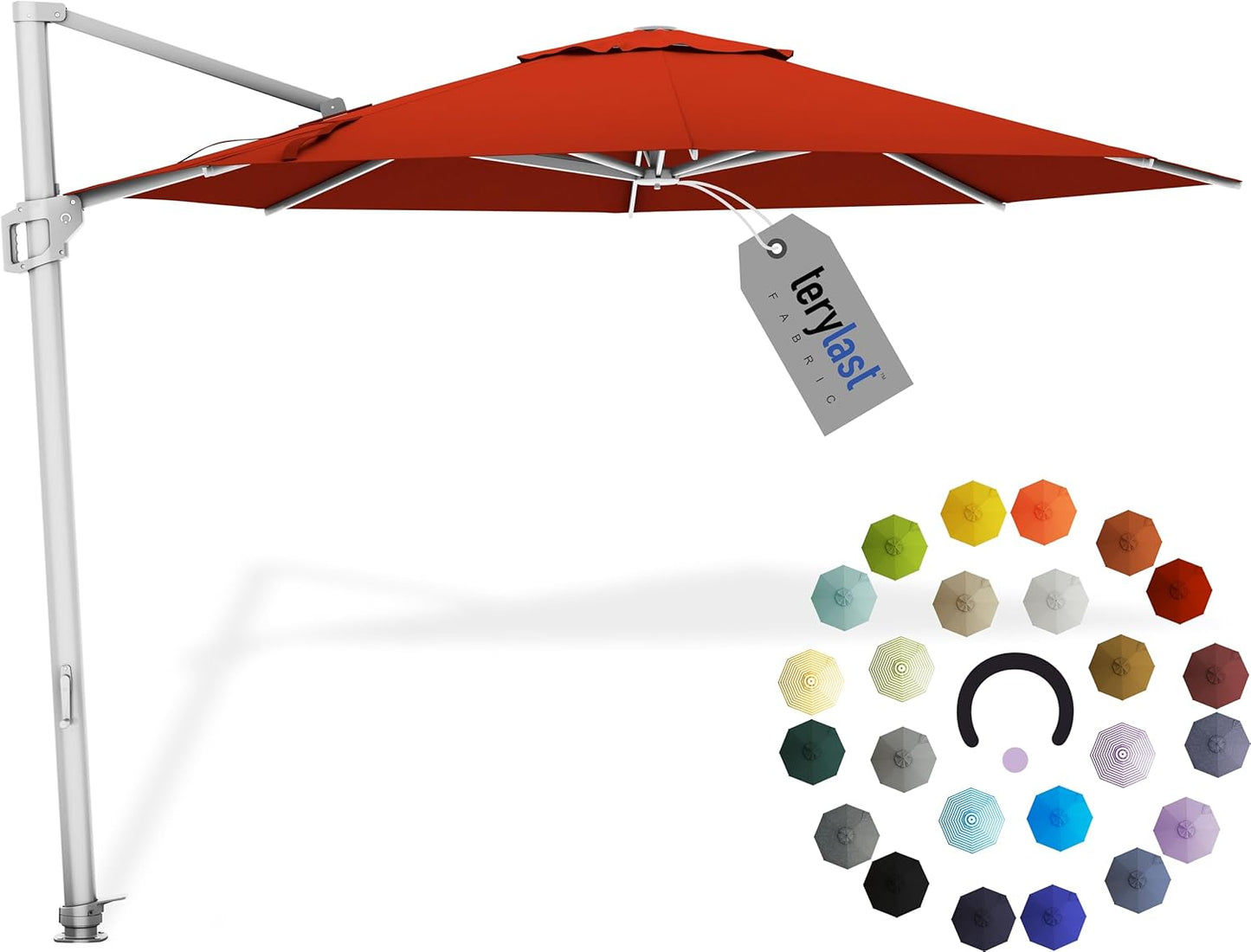 Midtown Umbrellas 10 Ft Outdoor Cantilever Patio Umbrella w/Terylast Apple Red Fabric - Rotate Tilt 360° Offset Patio Umbrella, Deck Patio Umbrella, Backyard Umbrella & Garden Umbrella - Silver Frame