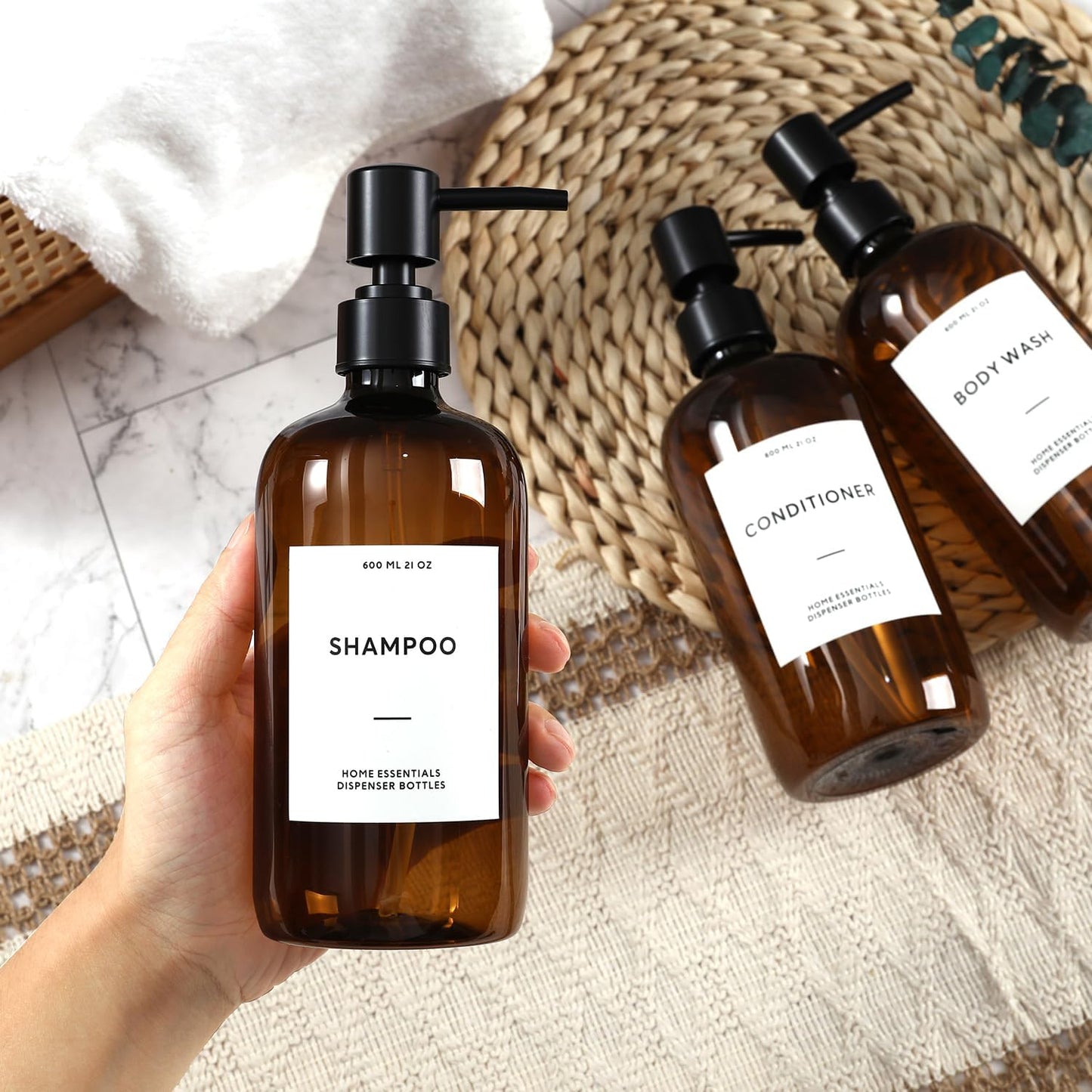 HOMCDALY Shampoo and Conditioner Dispenser, 21oz 3-Pack Refillable Shampoo and Conditioner Bottles, Shower Soap Bottles with Pump and Labels, Bathroom Shower Dispenser（21oz-Brown）