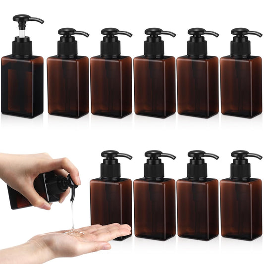 Domensi 12 Pcs 100ml /3.4 oz Pump Bottle Mini Travel Bottles Small Dispenser Containers Plastic Pump Lotion Dispenser Empty Square Travel Size Containers Toiletries (Brown)