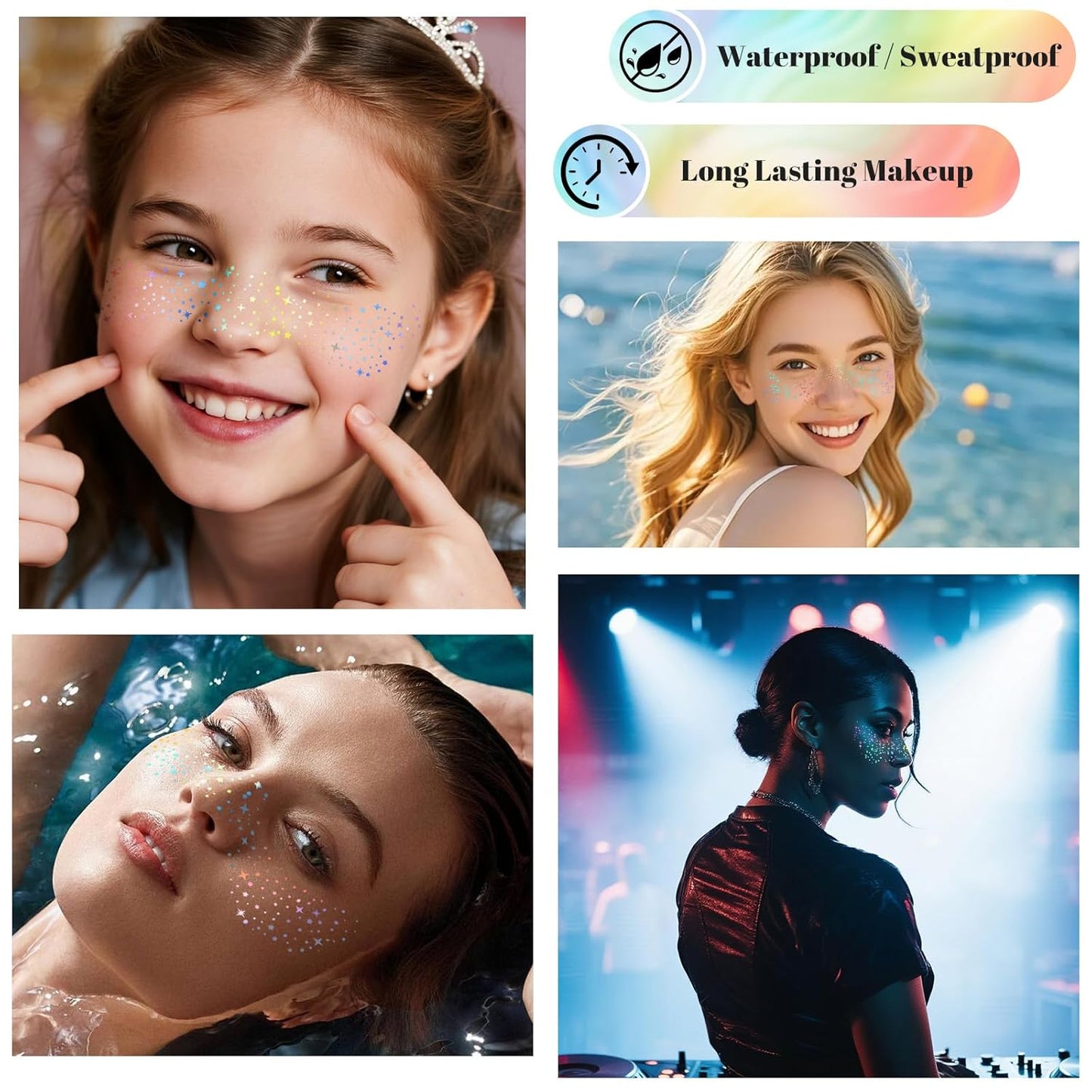 24pcs Glitter Freckles Face Tattoo - Holographic Face Sparkle Freckles Temporary Tattoos for Women Girls, Waterproof & Long Lasting Freckles Makeup Patches for Party, Concerts, Daily Accessories