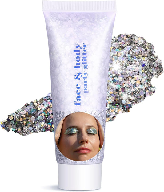 Body Glitter Gel - Halloween Costumes for Women, Sparkly Chunky Glitter Hair for Kids, Halloween Christmas Singer Concert Festival Rave Accessories (Silver Body Glitter)
