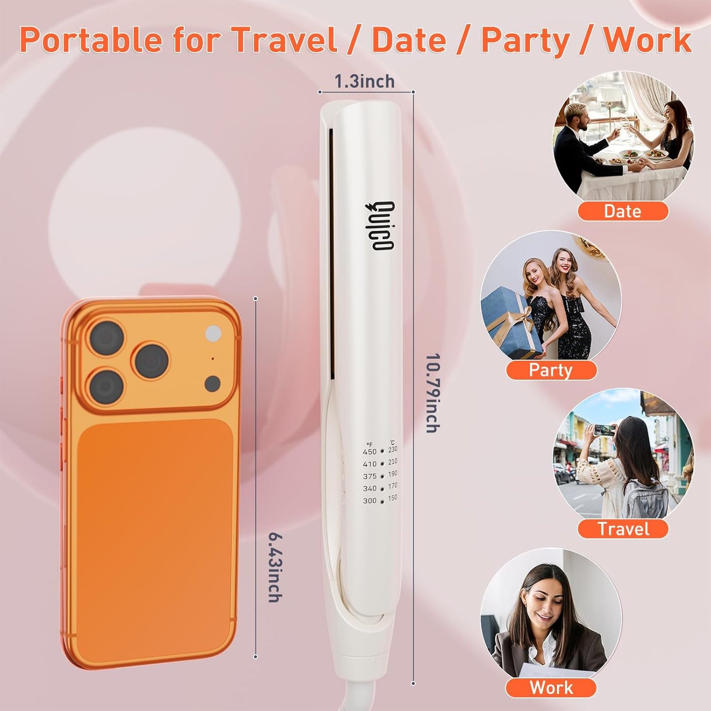 Quico Flat Iron Hair Straightener, 100-240V Dual Voltage Travel Hair Straightener and Curler with 15s Heat Up, Professional Negative Ion Ceramic Flat Iron for Less Frizz, 5 Temp & Auto Shut-Off