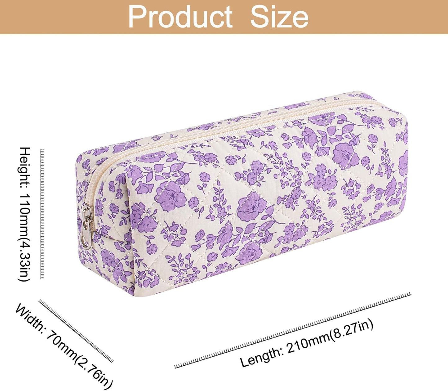 Cute Floral Cotton Makeup Brush Cosmetic Bag for Women, Travel Quilted Zipper Make Up Bag, Flowers Toiletry Organizer Case Kawaii Makeup Cosmetic Travel Cloth Pouch (Big Purple Floral)