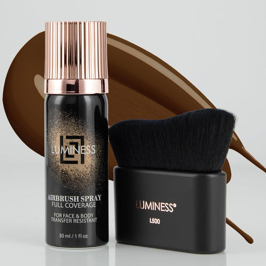 LUMINESS Airbrush Body Coverage with Self Tanner Brush - Tattoo Cover Up Makeup - Full Coverage Foundation for Face & Body - Water-Resistant, Long-Wear, Natural Radiant Finish, Deep Rich
