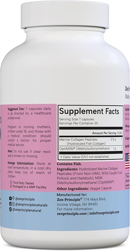 Zen Principle Marine Collagen Peptides Powder with OptiMSM® Supplement. Clinically Tested for Skin Support. Wild-Caught Fish, Non-GMO. 210 Capsules.
