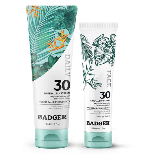 Badger Mineral Daily and Face Sunscreen Combo, SPF 30 Lightweight Organic Mineral Sunscreens with Zinc Oxide, Hydrating Everyday Sunscreen Lotions for Face & Body, Vegan & Unscented, 2-Pack