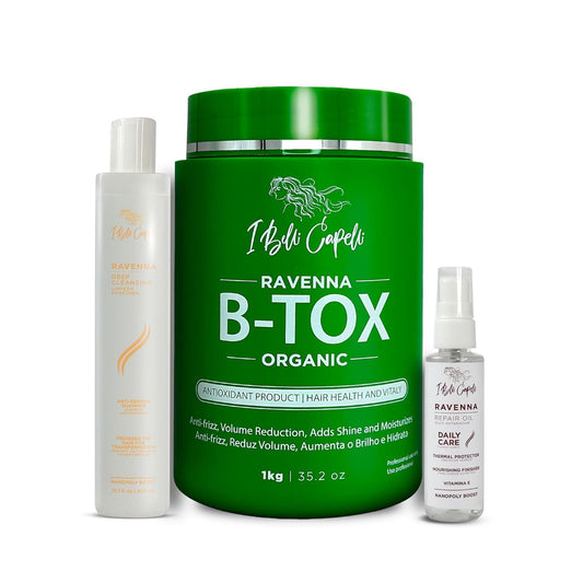 I Belli Capelli Ravenna B-tox Organic Smoothing Mask, Repair Oil, and Deep Cleansing Anti-Residue Shampoo – Complete Hair Straightening System for All Hair Types