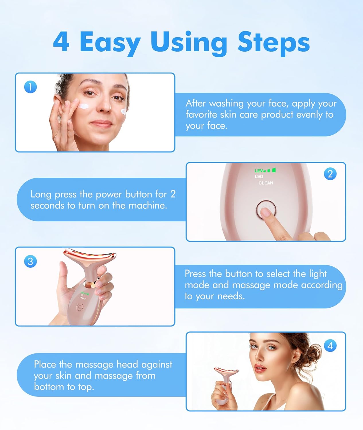 Red Light Therapy for Face and Neck, 7 Color Face Massager Tool for Wrinkles, Double Chin, Vibrating Facial Massager with Thermals for Skin Care, Rose Gold