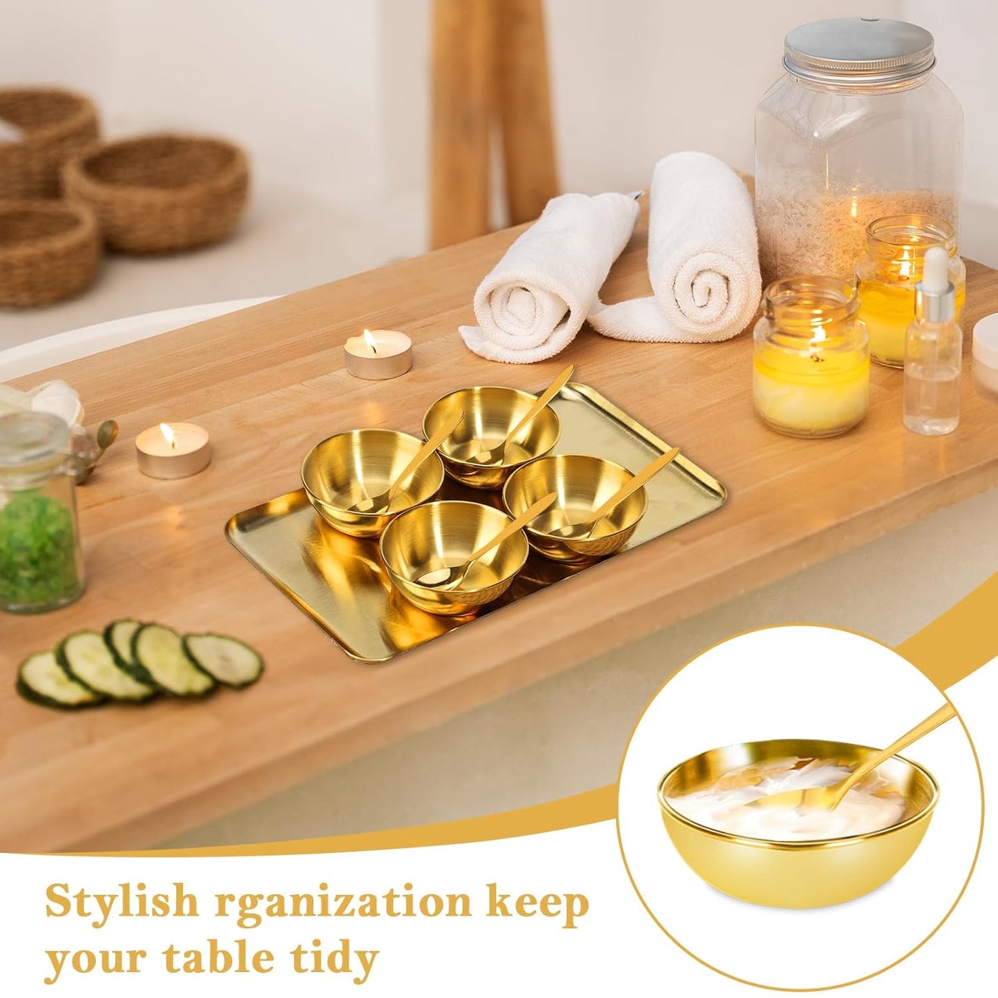 DLUGOPIS 9 Pcs Gold Facial Supplies Large Gold Skincare Tray 4 Stainless Steel Facial Mask Mixing Bowls 4 Esthetician Mixing Spoons Spa Tray Esthetician Bowls for Mask Body Care Bathroom
