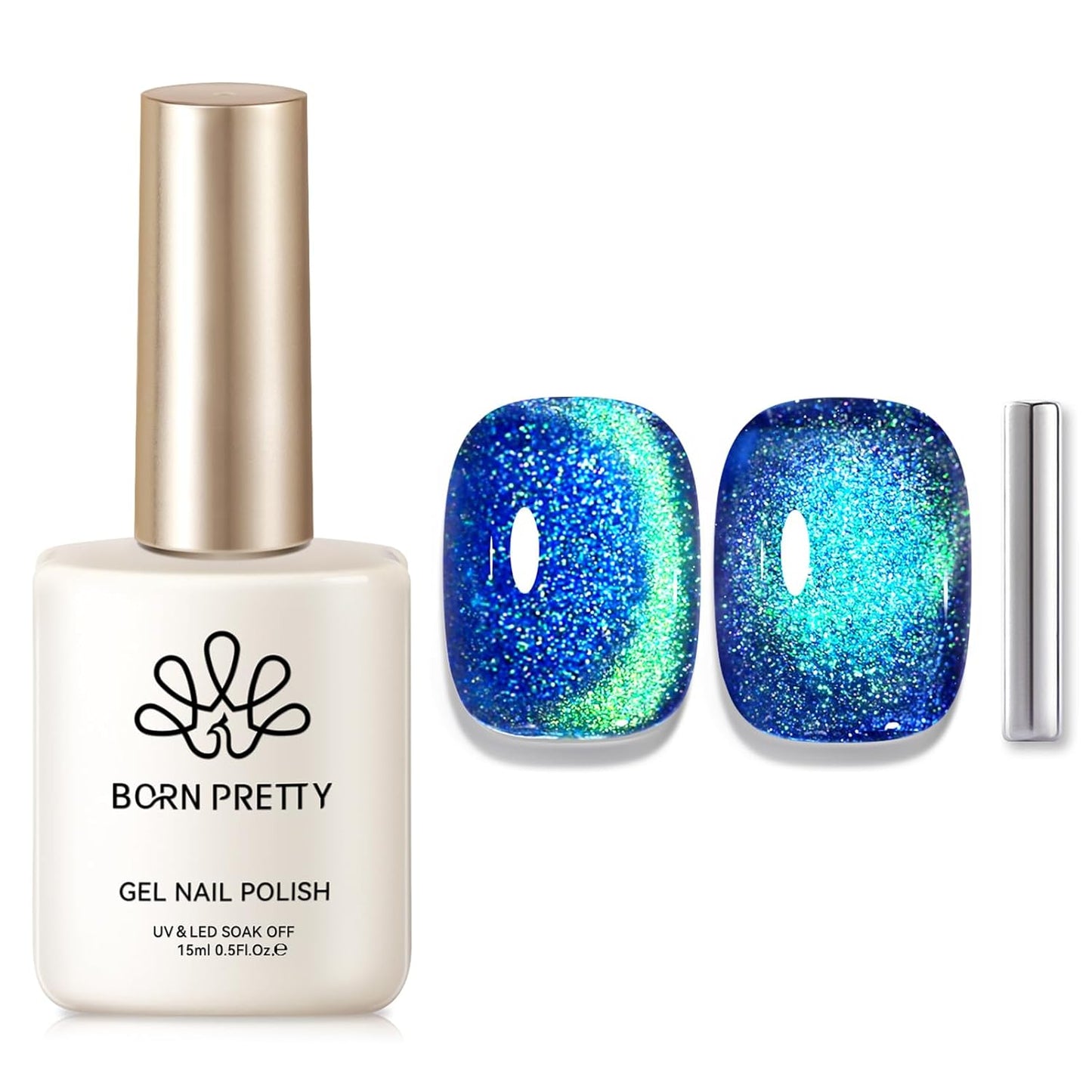 Born Pretty Cat Magnetic Eye Gel Nail Polish, Blue Glitter Cat Magnetic Gel Nail Polish, Holographic Magnetic Nail Polish for Nail Art Manicure Salon DIY at Home 15ML