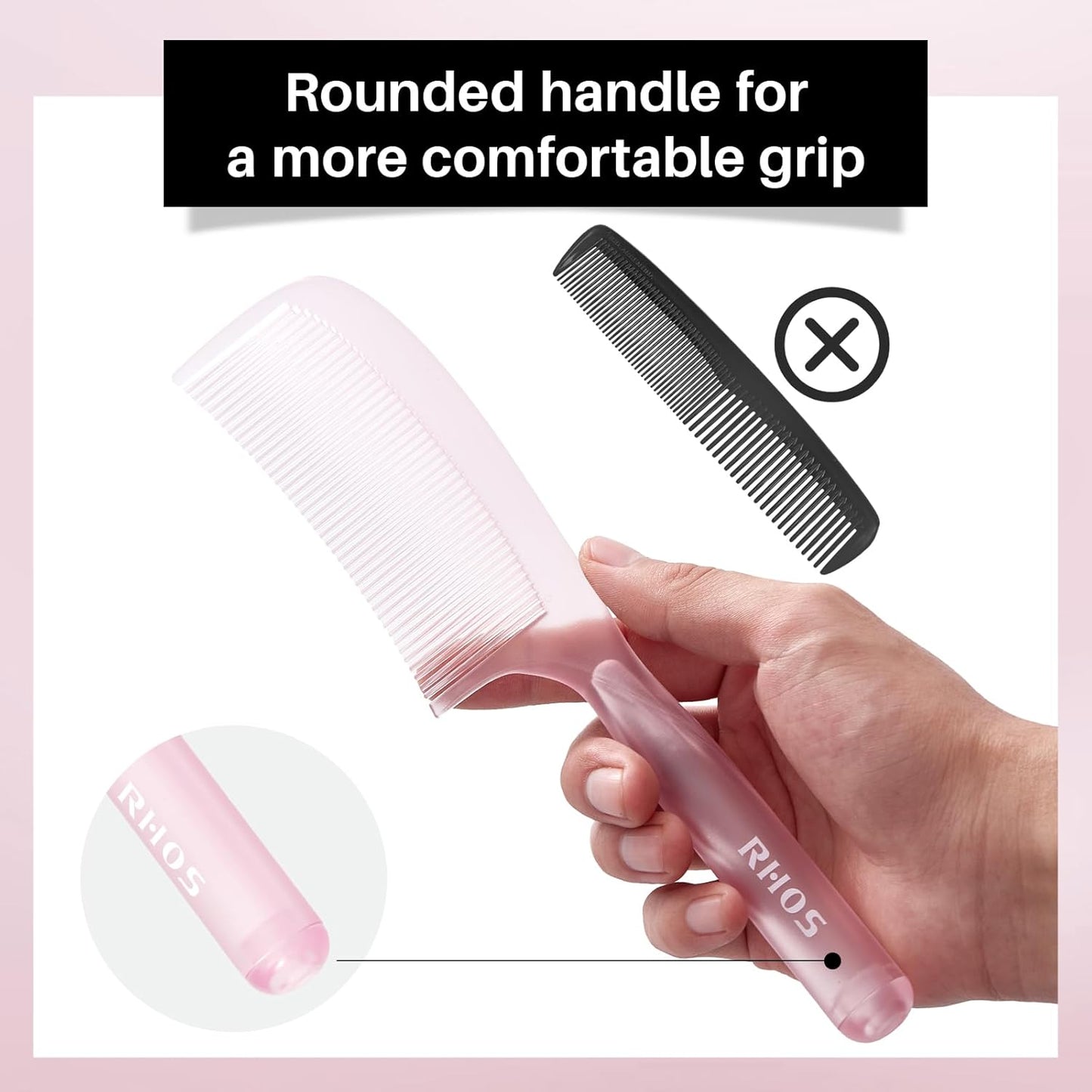 RHOS Detangler Hair Comb for Women and Men-Wide Tooth Comb for Curly,Thick,Wavy,Long Hair,Large Tooth Detangling Comb for Wet and Dry Hair-Styling Essentials Round Handle Hairdressing Comb(Pink)