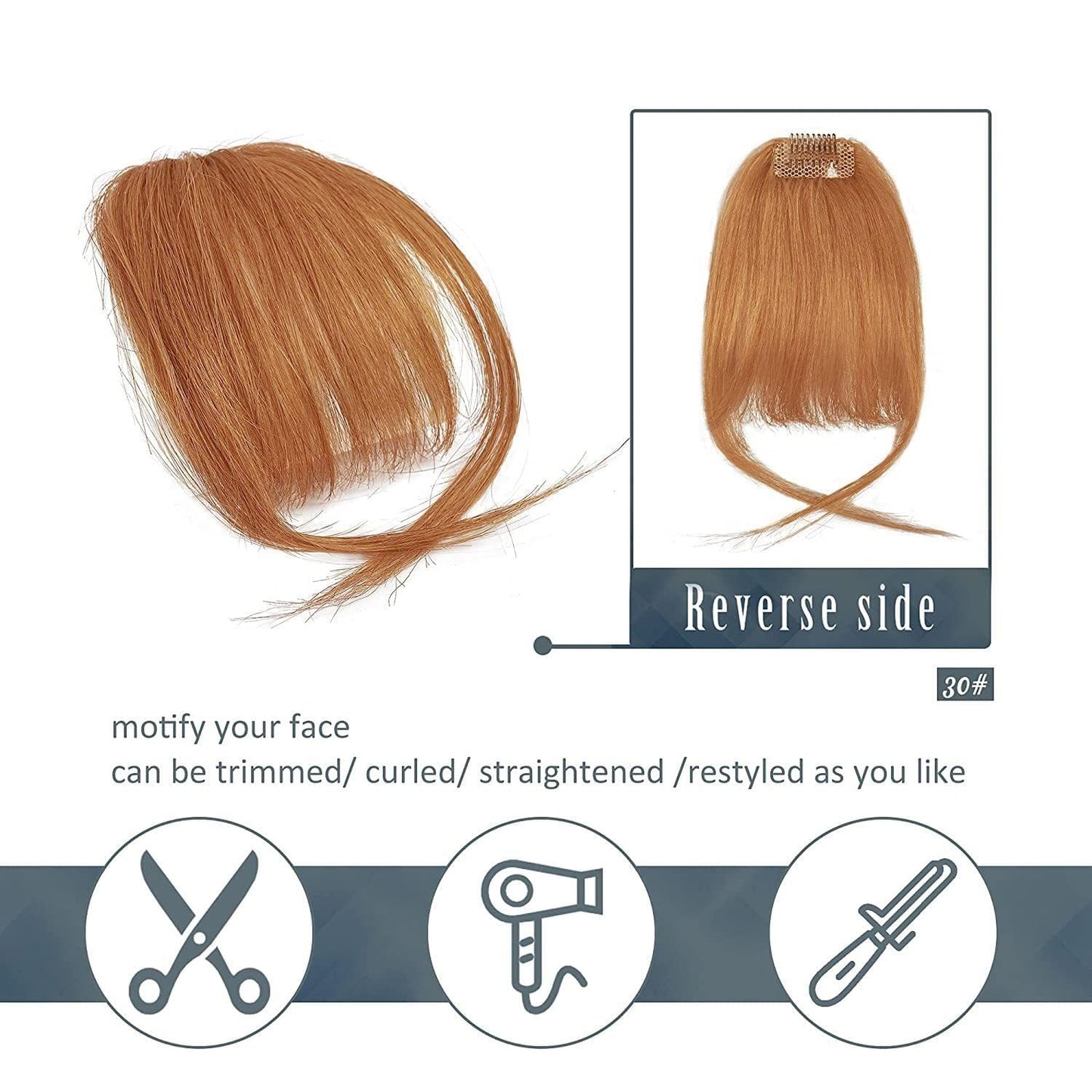 BARSDAR Real Human Hair Clip in Bangs - 100% Human Hair Clip in Bangs for Women - Auburn Wispy Bangs Extensions Fringe with Temples Dyeable Real Hair Bangs Hairpieces - Auburn