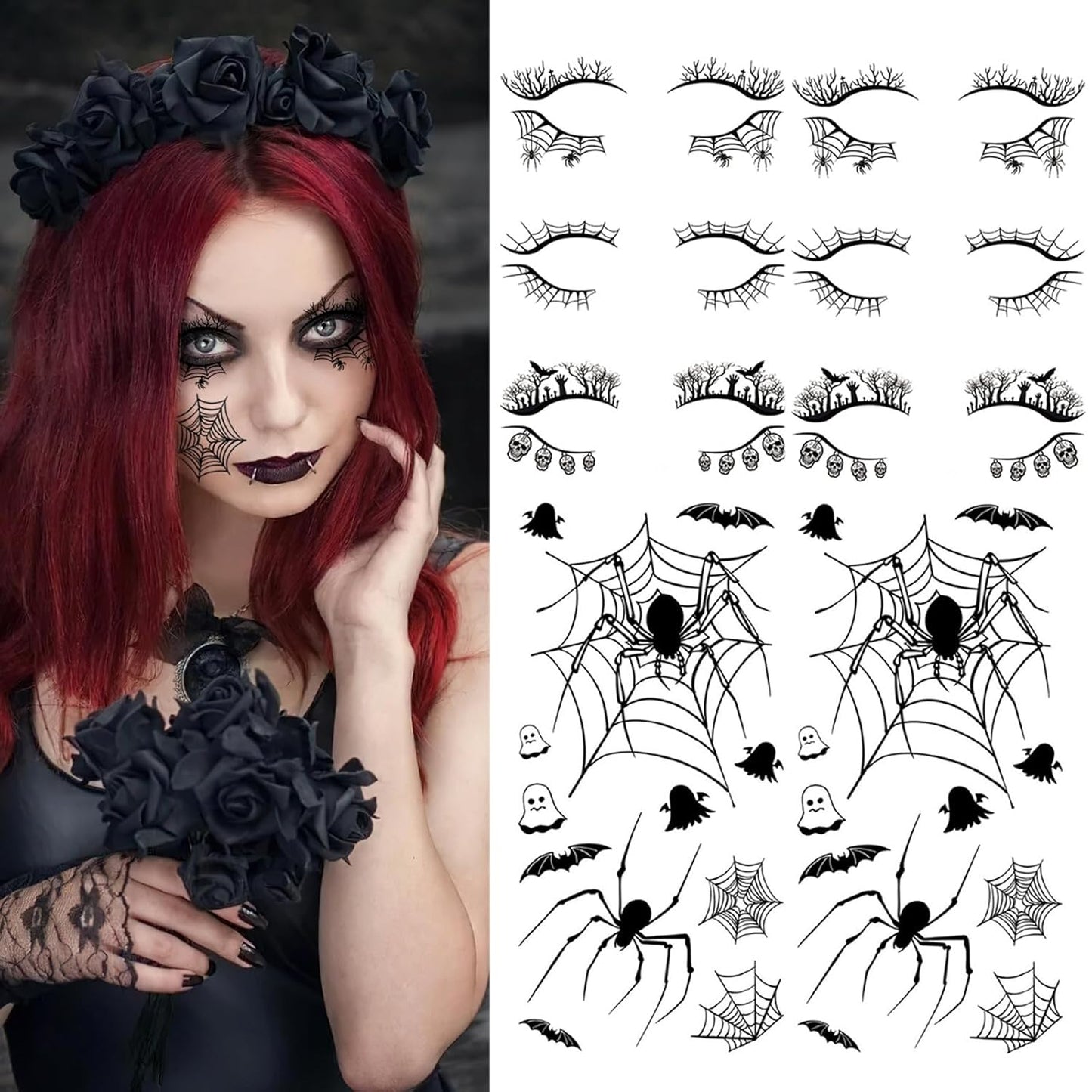4 Sheets Halloween Face Eye Shadow Tattoo Stickers Eyeliner Decals Spider Web Skull Bat Face Makeup Temporary Tattoo Stickers for Women Halloween Masquerade Makeup Decoration