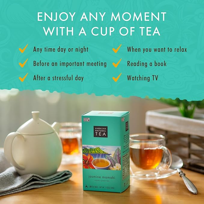Hawaiian Natural Tea Organic Mamaki Jasmine Green Tea Blend - Antioxidant-Rich, Calming, Wellness Tea for Bedtime & Stress - Gift for Tea Lovers - 60 Tea Bags