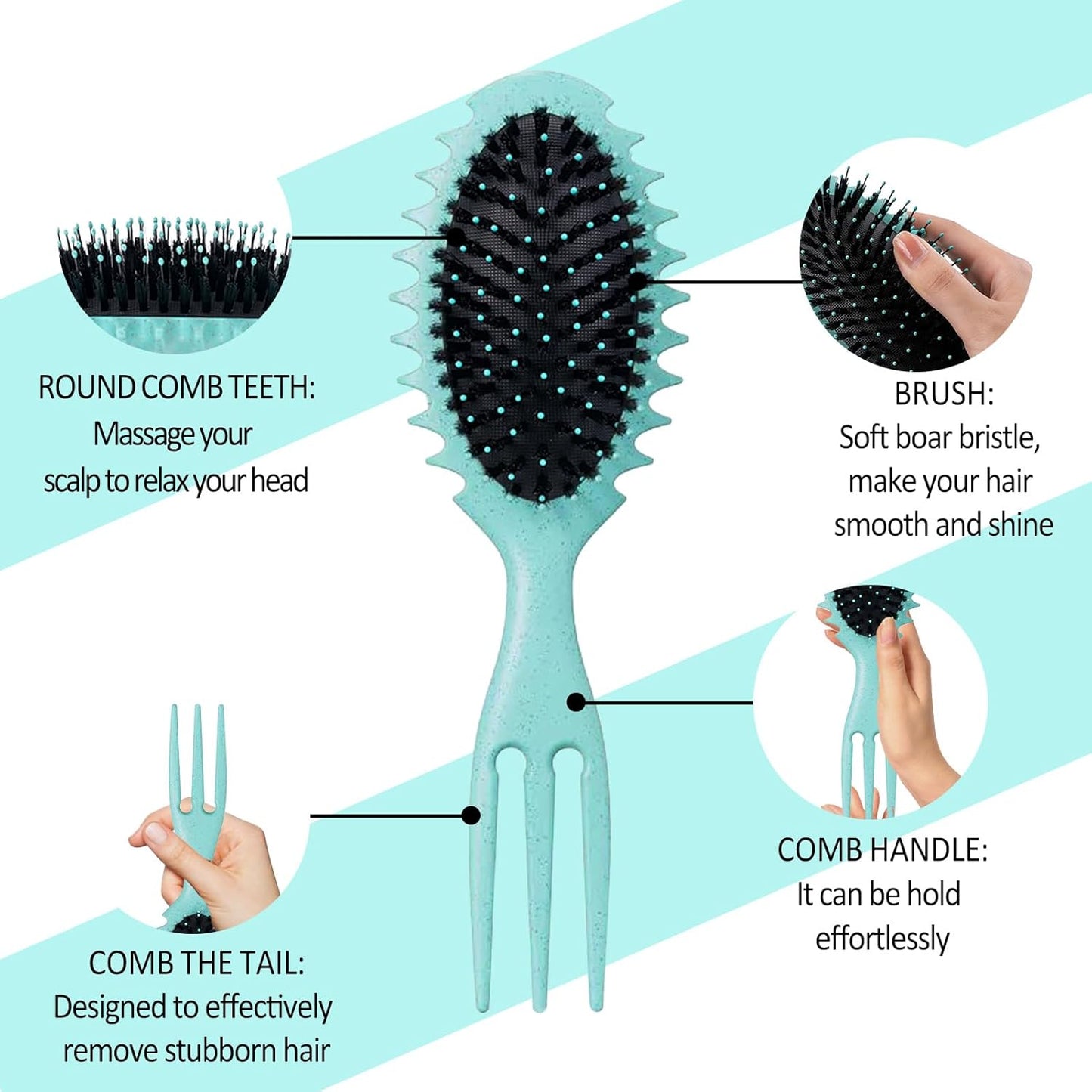 Curly Hair Boar Bristle Curl Defining Brush for Wave Straight Hair, Unique Trident Handle Design Defineing Brush for Wet Dry Hairs Styling Massage Hairbrush Hairs Pick Comb Green