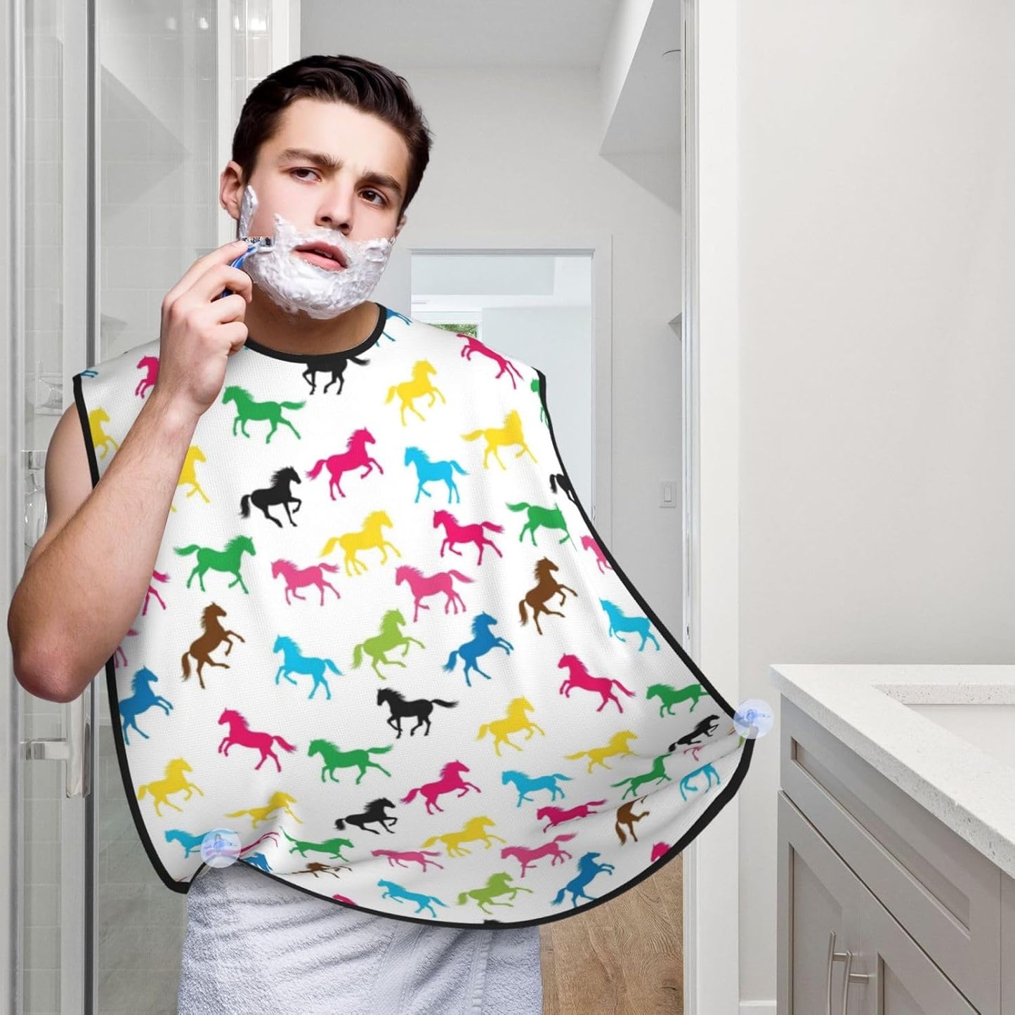Beard Bib Apron for Men Shaving, Waterproof Non-Stick Hair Catcher with Suction Cups, Grooming Essential for Dad Husband, Colorful Horse Shave Bib