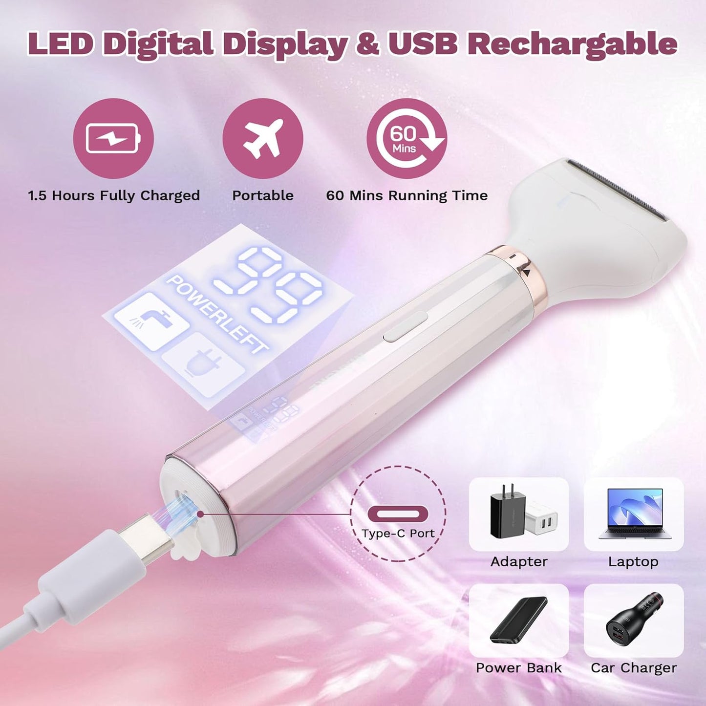 Electric Shavers Razors for Women, 5 in 1 Bikini Trimmer for Women, Wet/Dry Womens Electric Shaver Razor, Face Shaver for Face Nose Eyebrow Arms Armpit Legs Pubic Area, Facial Hair Removal