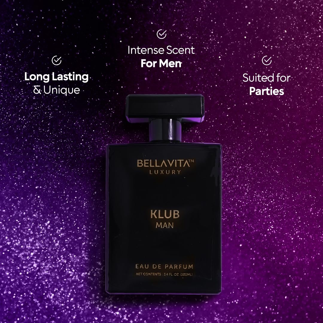 BellaVita Luxury KLUB Men's Eau De Parfum (100ml) | Intense, Masculine Party Perfume for Men | Notes: Lemon, Jasmine, Rose, Musk, Amber and Patchouli | Made with Premium Long-Lasting Perfume Oils
