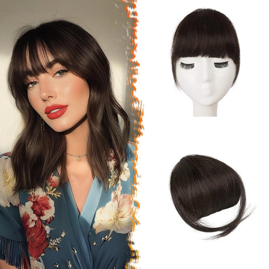 BARSDAR Human Hair Clip in Bangs - 100% Real Human Hair Clip in Bangs for Women - Brown Thick Bangs Extensions Fringe with Temples Real Hair Bangs Hairpieces - Darker Brown