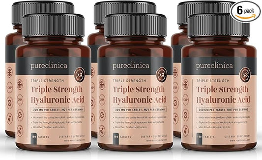 pureclinica Hyaluronic Acid 300mg x 1080 Tablets (6 Bottles of 180 Tablets - 3 Years Supply). Triple Strength Hyaluronic Acid. 300% Stronger Than Any Other HLA Tablet
