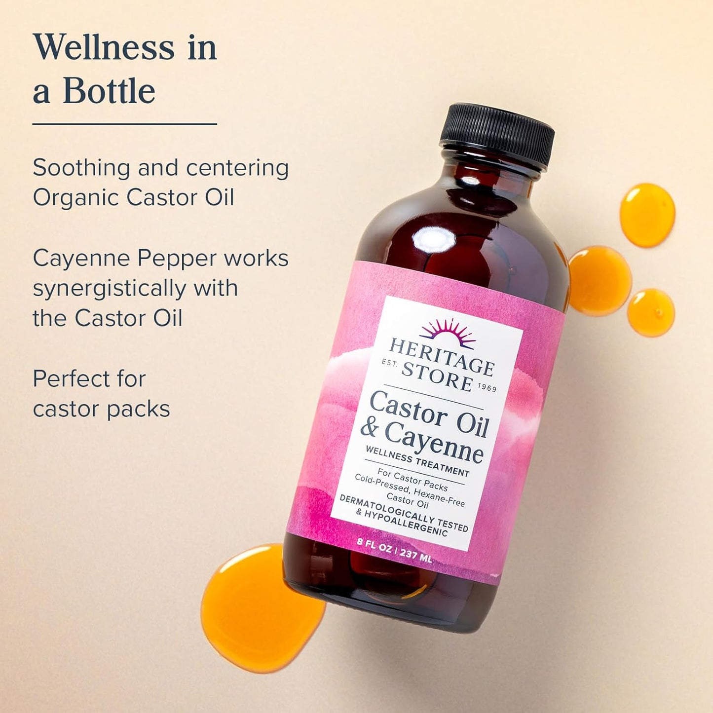 HERITAGE STORE Castor Oil & Cayenne - Cold Pressed Organic Castor Oil Pack Wrap - Heat Compress for Abdomen, Joints, Overall Wellness - with Cayenne Pepper - Hypoallergenic, Vegan, Cruelty Free, 8oz