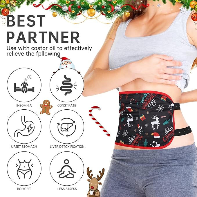 Leekalos Castor Oil Pack Wrap, Reusable Organic Castor Oil Packs for Liver Detox, Castor Oil Packs with Adjustable Elastic Strap for Christmas Gifts (Castor Oil Not Included) (Christmas Deer)