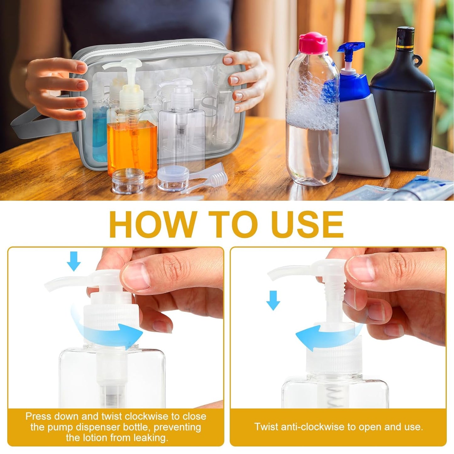 Domensi 24 Pcs 100ml /3.4 oz Pump Bottle Mini Travel Bottles Small Dispenser Containers Plastic Pump Lotion Dispenser Empty Square Travel Size Containers Toiletries (Clear)