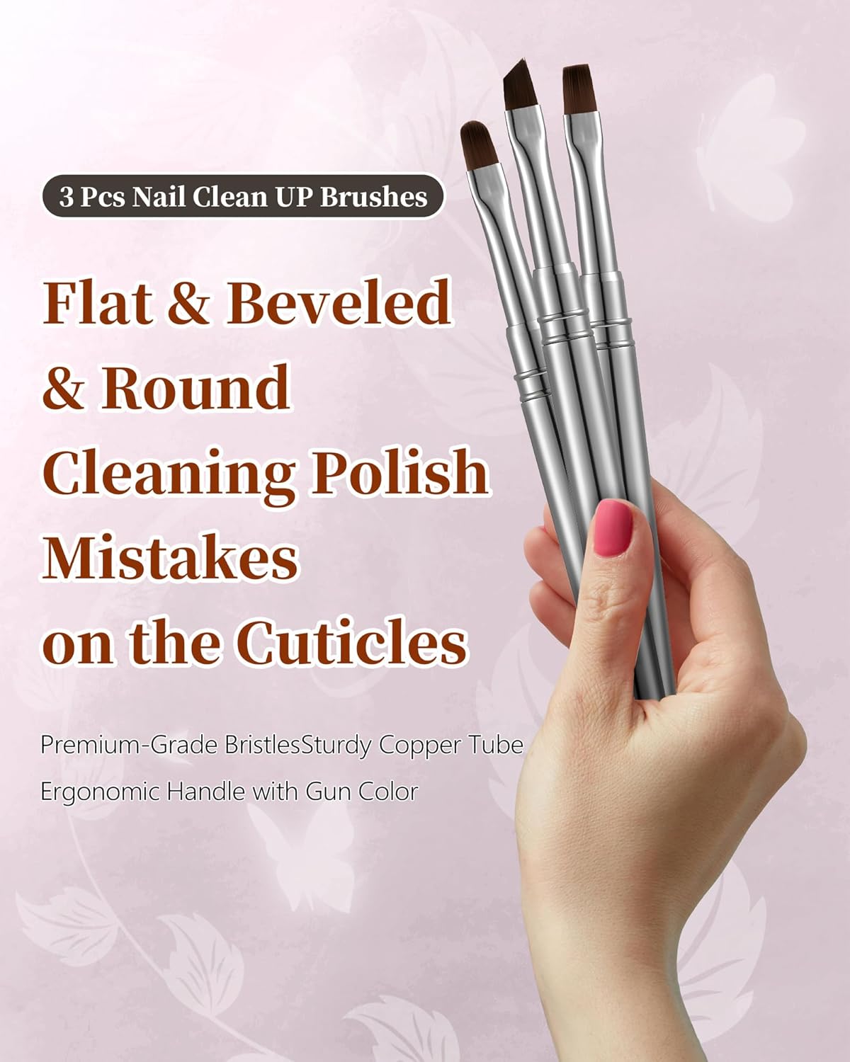 3PCS Brush for OPI Nail Polish Remover, AMilHiTon Nails Clean Up Brushes, Round/Angled/flat Acetone Resistant Nail Art Designs, and Tidying Up Polish Mishaps on Cuticles（Gun Color）