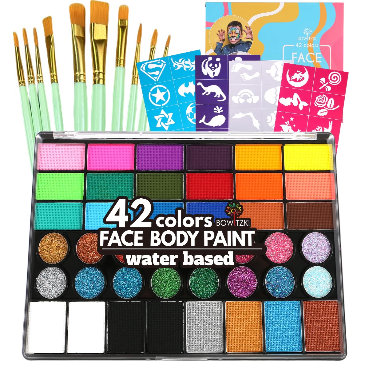 Bowitzki Face Paint Kit,42 Water Based Non Toxic Face Paint with face paint Colors,16 Glitters, 32 Stencils & 10pcs Brushes, Professional Body Face Paint Makeup For Party,Halloween,Carnival,Festival
