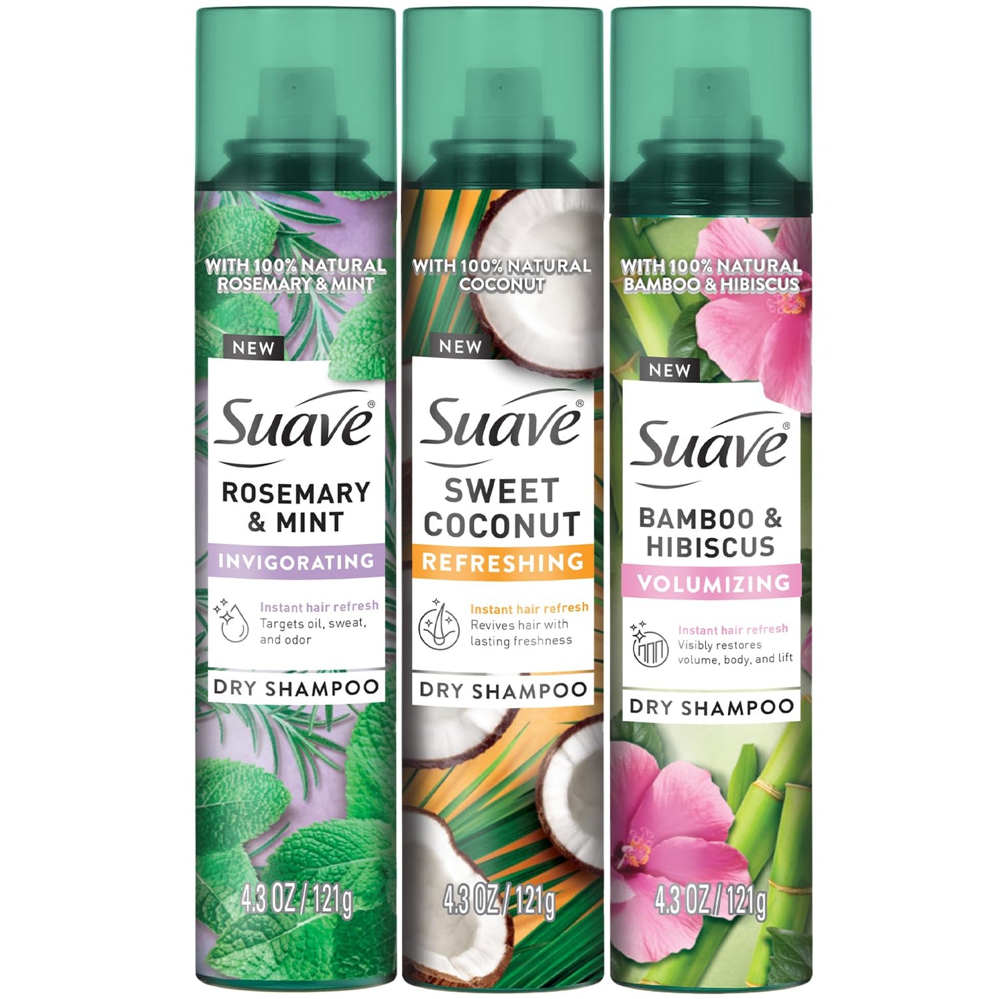 Suave+ Dry Shampoo Spray Variety 3-Pack – Invigorating Rosemary & Mint, Volumizing Bamboo & Hibiscus + Refreshing Sweet Coconut, 4.3 Oz Ea