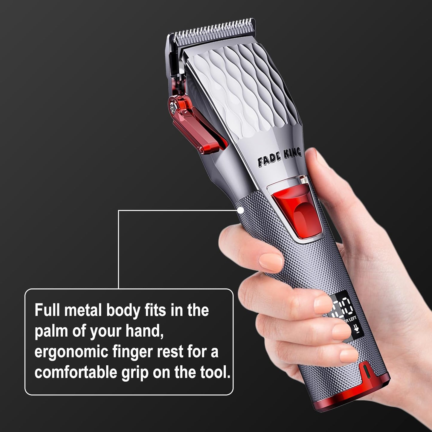 FADEKING® Professional Hair Clippers for Men - Cordless Hair Clippers, LCD Display Barber Clippers for Hair Cutting & Mens Grooming with Travel Case(Silver+red)