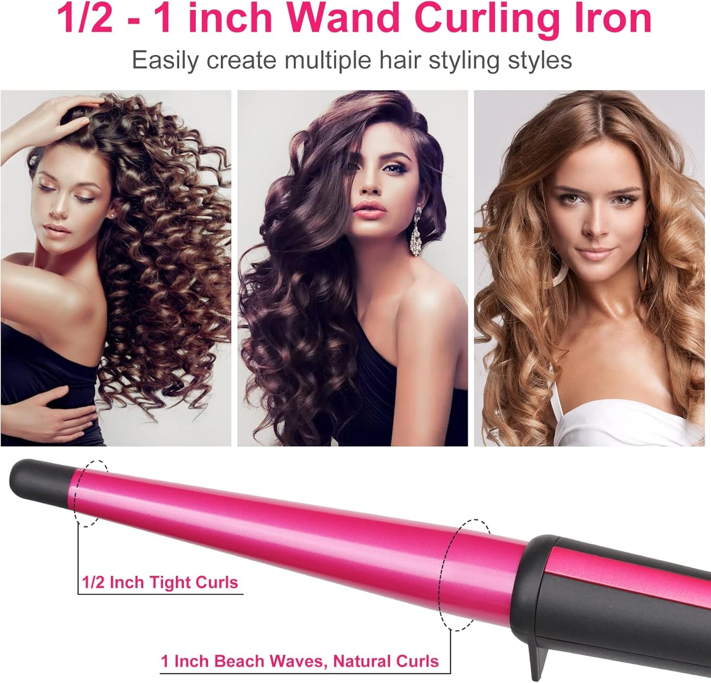 Hair Curling Wand, 0.5-1Inch Tapered Curling Iron, Professional Ceramic Hair Curler Wand with Heat-Resistant Glove, Dual Voltage (Rose Gold)