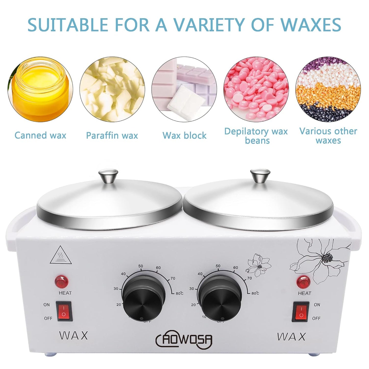Professional Waxing Kit Wax Warmer Double Pot Wax Heater Machine for Hair Removal, Large Waxing Pot for Spa Salon Beauty Esthetician Home, with Adjustable Temperature Set, 50 Stick & 20 Collar(White)