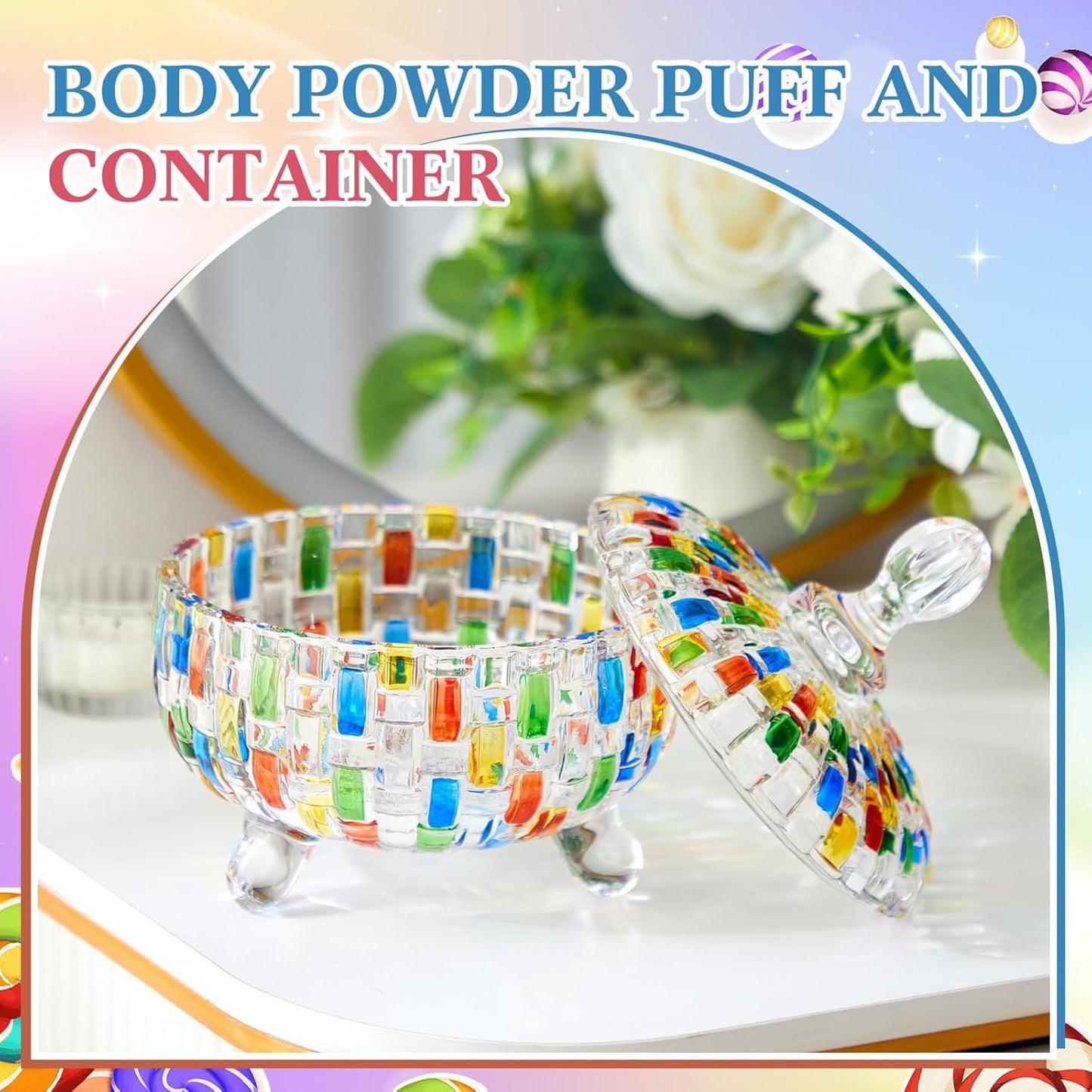 Tioncy 2 Pcs Extra Large Dusting Powder Puff and Container 6'' Body Powder Puff and Crystal Container for Women Soft Washable Reusable Velour Face(Multicolor)