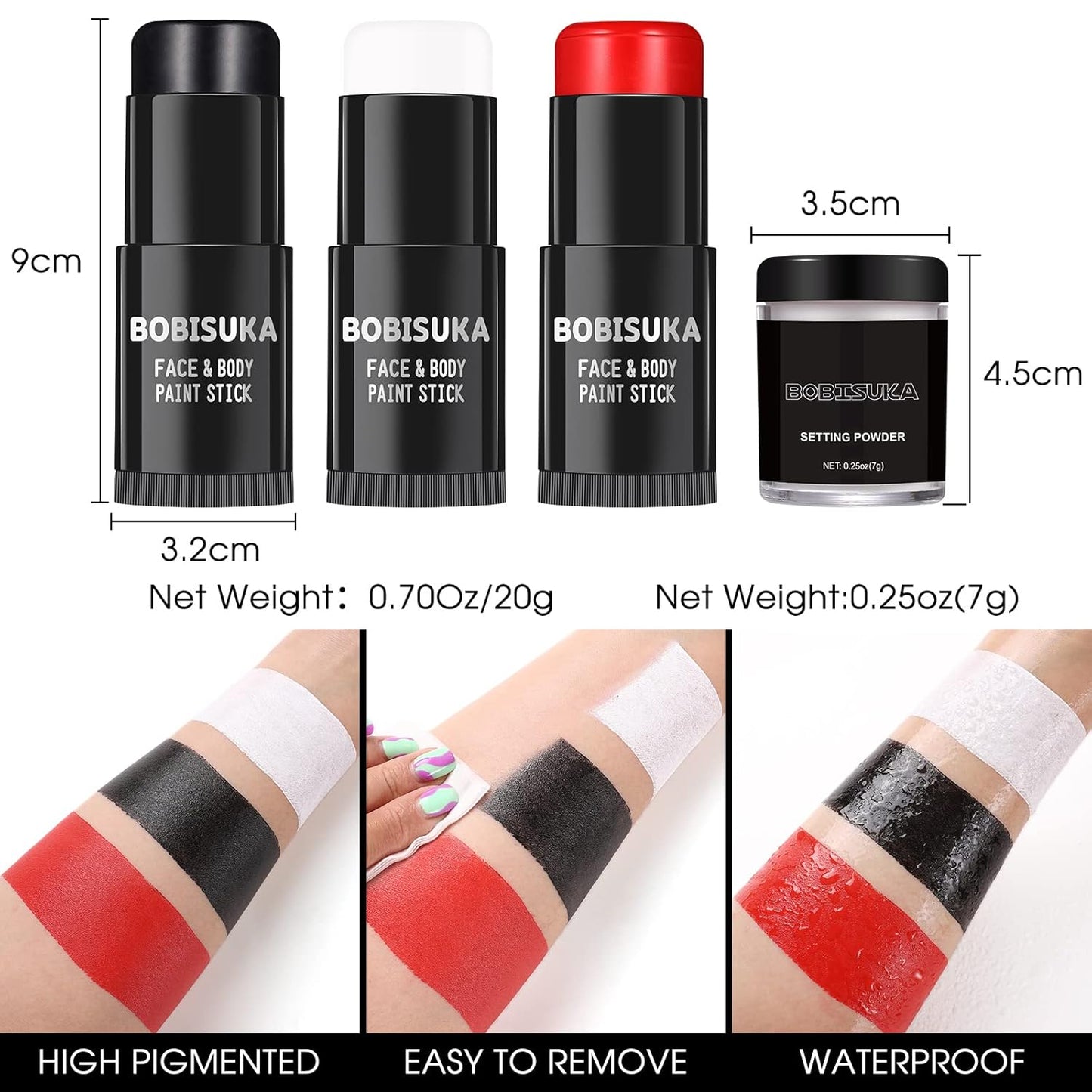 BOBISUKA Black White Red Face Paint Stick with Setting Powder Set Clown Makeup Eye Black Sticks for Sports, Body Paints for Halloween Joker Skeleton Cosplay Special Effects Costume SFX Stage Kit