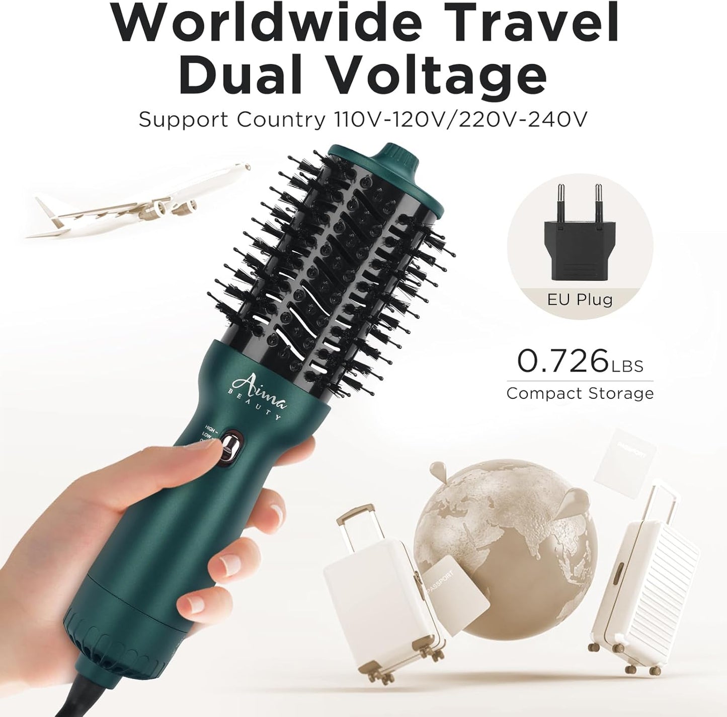 Aima Beauty Hair Dryer Brush Dual Voltage Worldwide Travel Blow Dryer Brush Hot Air Brush Oval Barrel 110-120V/220-240V 360°Airflow,Negative Ionic Frizz-Free Dry/Straightening/Voluming, Dark Green