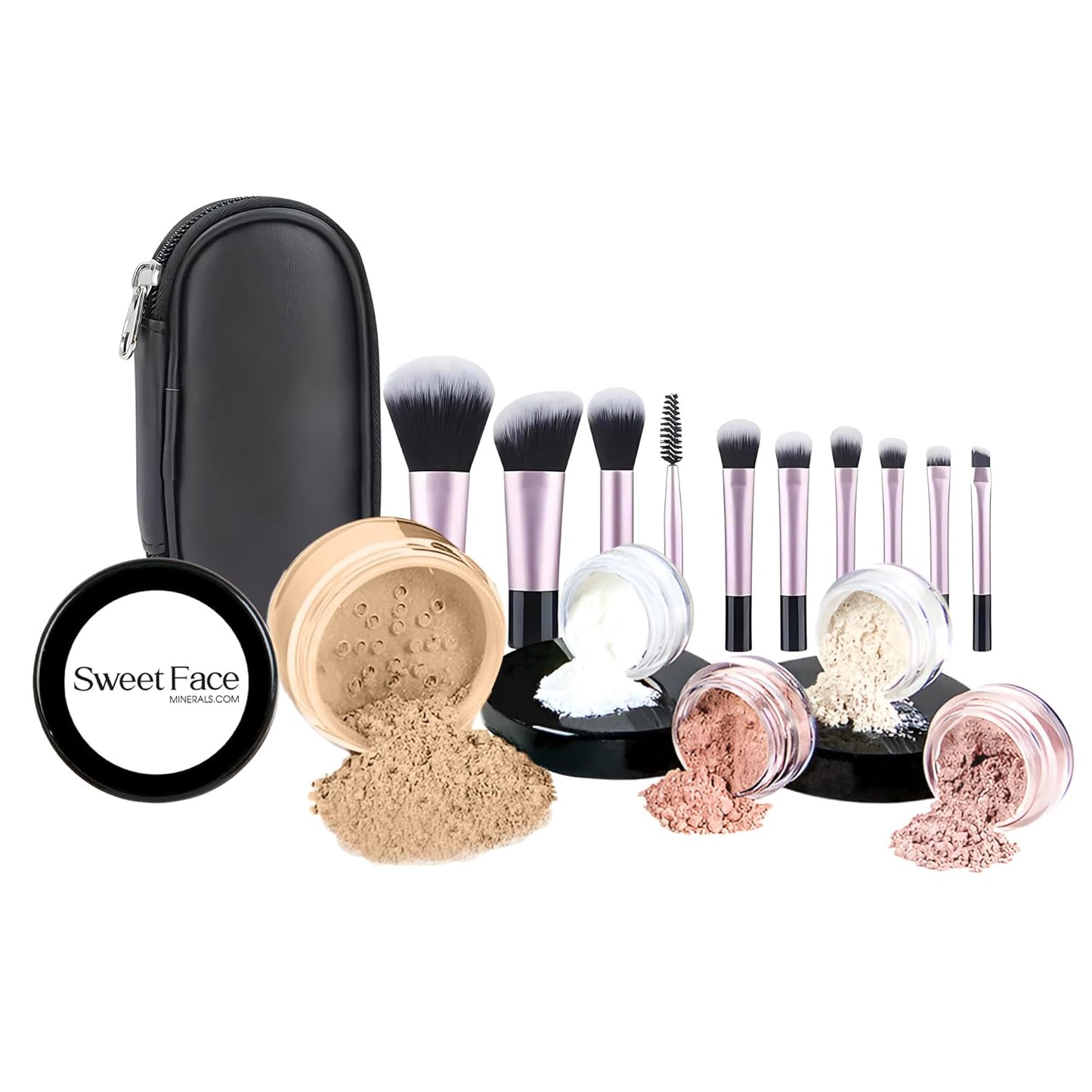16pc Beginner Mineral Makeup STARTER KIT with 10 BRUSH SET (5gm) Sample Size Foundation, Primer, Blush, Bronzer, Setting Powder for Learning, Occasional Use & First Time Users, Travel Size Kit (Warm)
