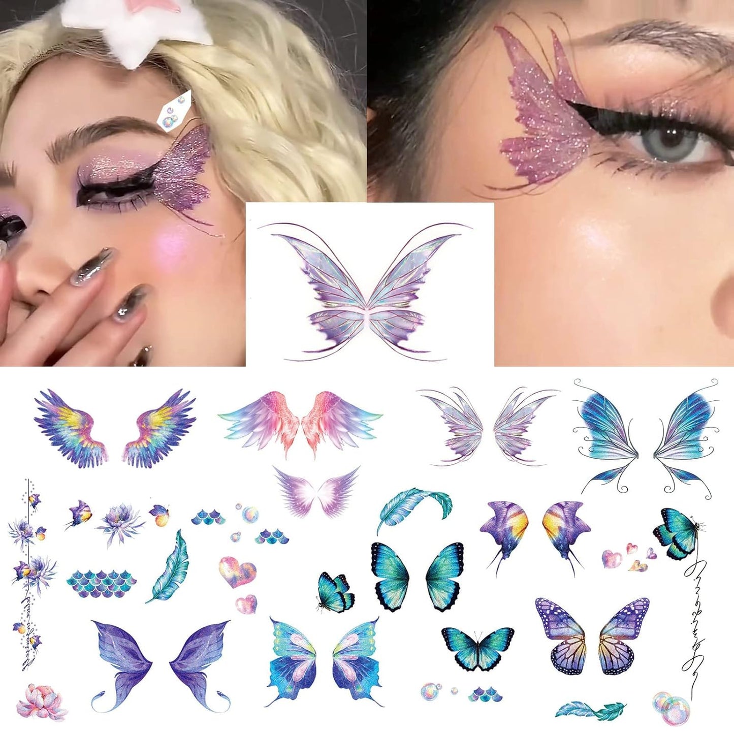 Glitter Butterfly Makeup Temporary Tattoo Stickers Colorful Butterflies Wings Fake Tattoos for Women Girls Festival Birthday Party Favors Face Eye Decoration Supplies (14 Packs)