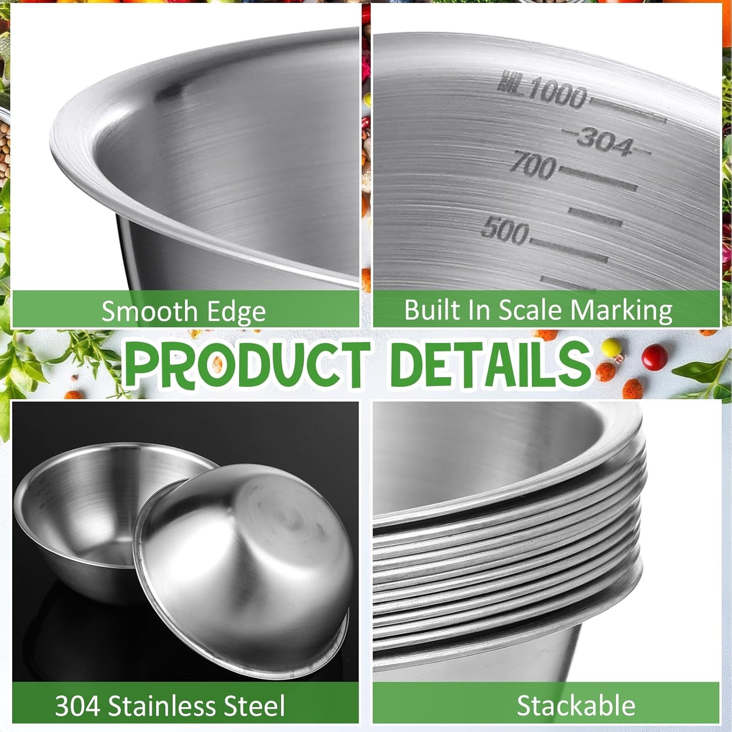 Honeydak 12 Pcs 304 Stainless Steel Mixing Bowls with Graduations, Salad Bowls Metal Serving Reusable Baking Food Storage Containers for Baking, Cooking, Salads, Soups, Ice Cream, Noodles (40 oz)