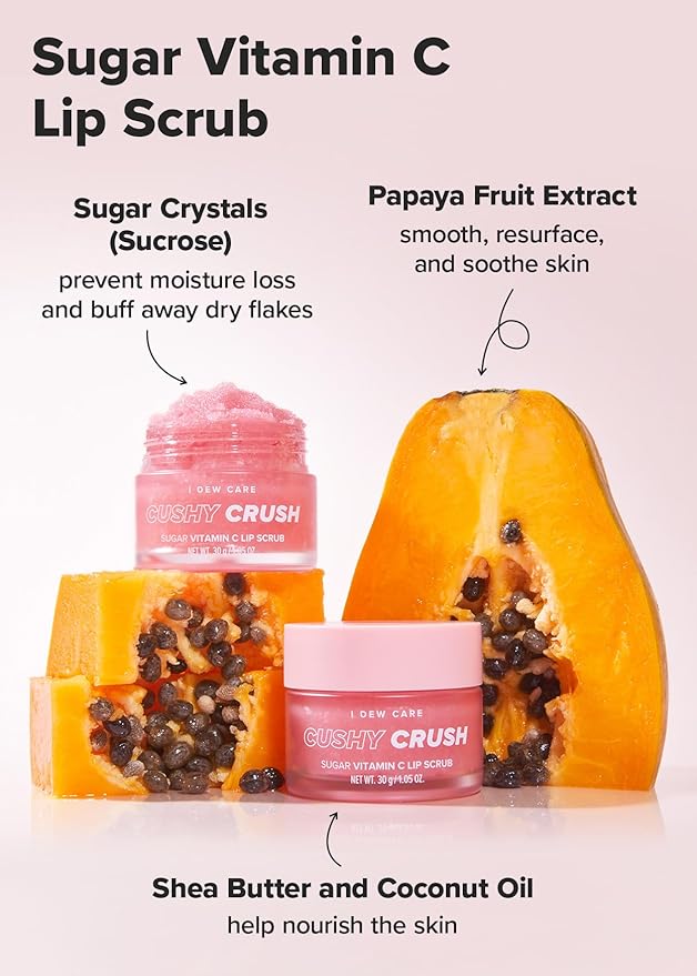 I DEW CARE Overnight Lip Scrub - Cushy Crush | Sugar Vitamin C, Scrubber Exfoliator Products, for Dry and Chapped, Vegan, Mother's Day, 1.05 Oz