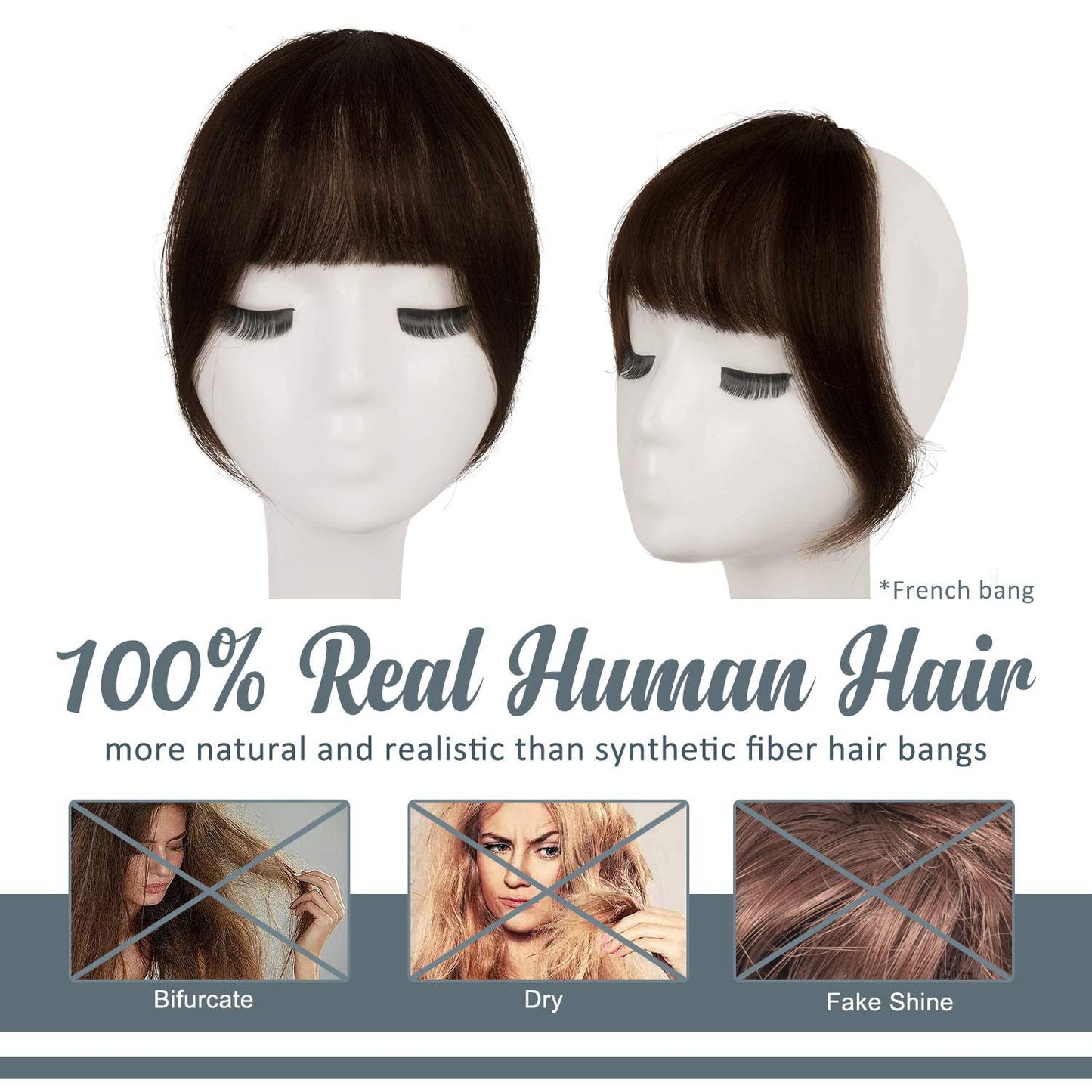 BARSDAR Human Hair Clip in Bangs - Real Human Hair Clip in Bangs for Women - Brown French Bangs Hairpieces Fringe with Temples Real Hair Bangs Extensions - Dark Auburn Brown