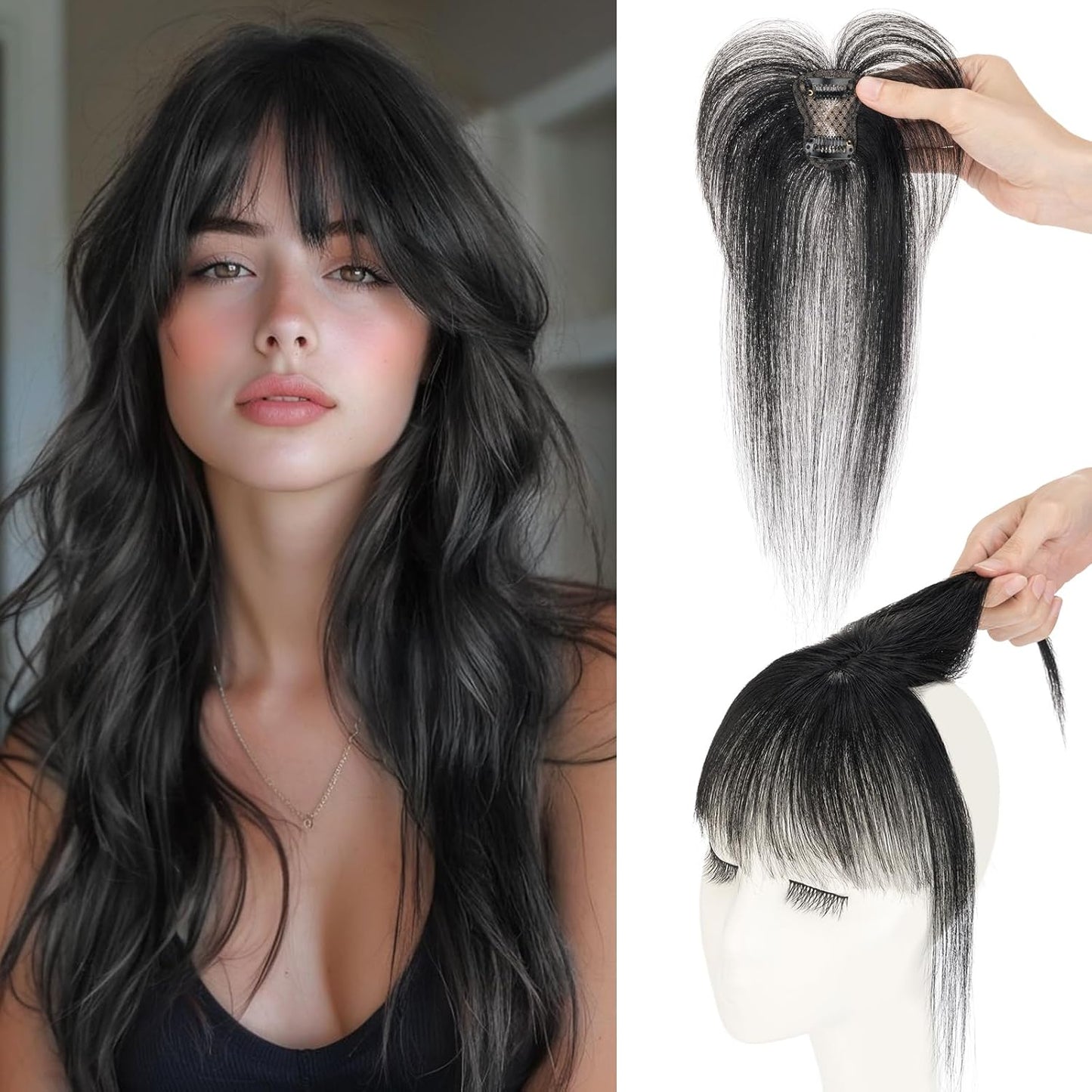 S-noilite Bangs Hair Clip,360° 3D Cover Real Jet Black Clip in Bangs Human Hair Toppers for Women With Wispy Bang Daily Wear