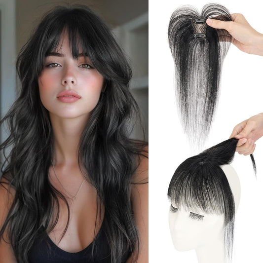 S-noilite Bangs Hair Clip,360° 3D Cover Real Jet Black Clip in Bangs Human Hair Toppers for Women With Wispy Bang Daily Wear