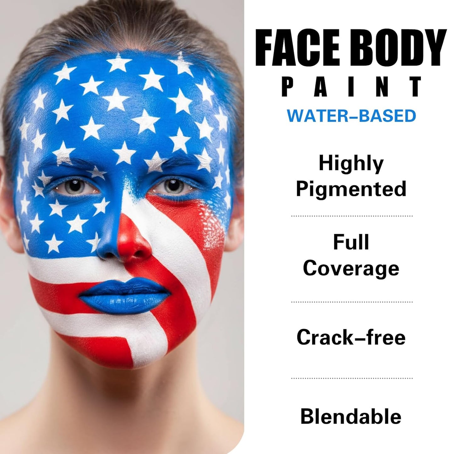 BOBISUKA White + Red + Blue Face Body Paint Kit, Water Based Face Painting for 4th of July Patriotic USA Flag Sports Fan Halloween Clown Zombie Joker Makeup for Women Adults, Non-Toxic Washable
