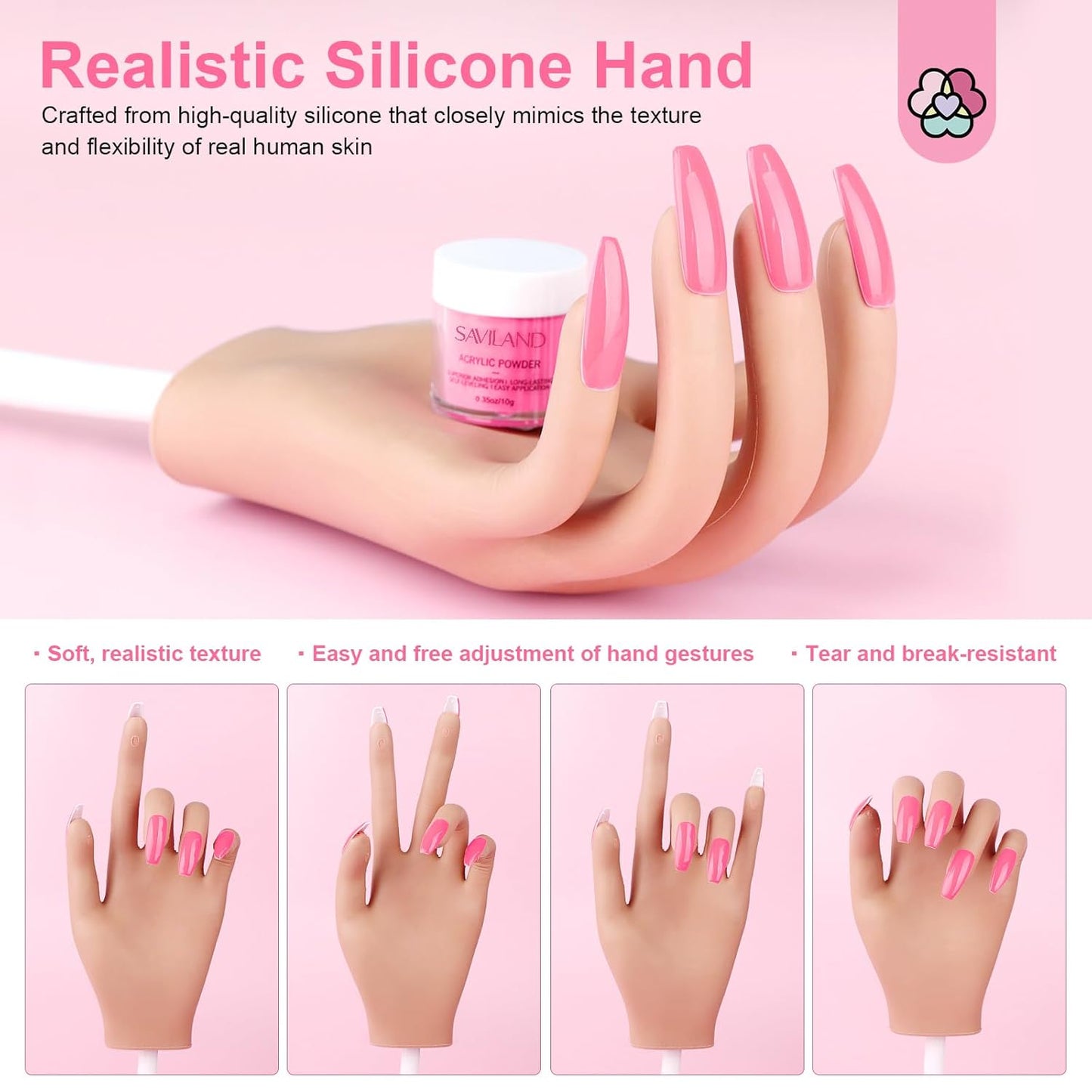 Saviland Silicone Practice Hand for Acrylic Nails, Upgraded Flexible Moveable Fake Hands with No Breaking or Falling, Manicure Training Hand Nail Kit with 100PCS Nails Tips Home Salon Holiday Gift