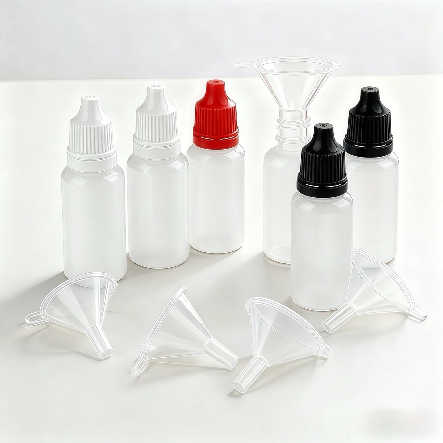 10 PCS (6 Bottles + 4 Funnel) 15ml Small Plastic Dropper Bottles - White Black & Red Eye Liquid Dropper Bottles, Squeezable & Portable Travel Containers for Eye Drops, Refillable with Cap and Plug