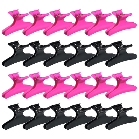 Ondder 24 Pcs Black and Hot Pink Butterfly Hair Clips for Styling and Sectioning - Pro Claws Clamps for Cutting, Coloring - Hair Accessories for Women Girls