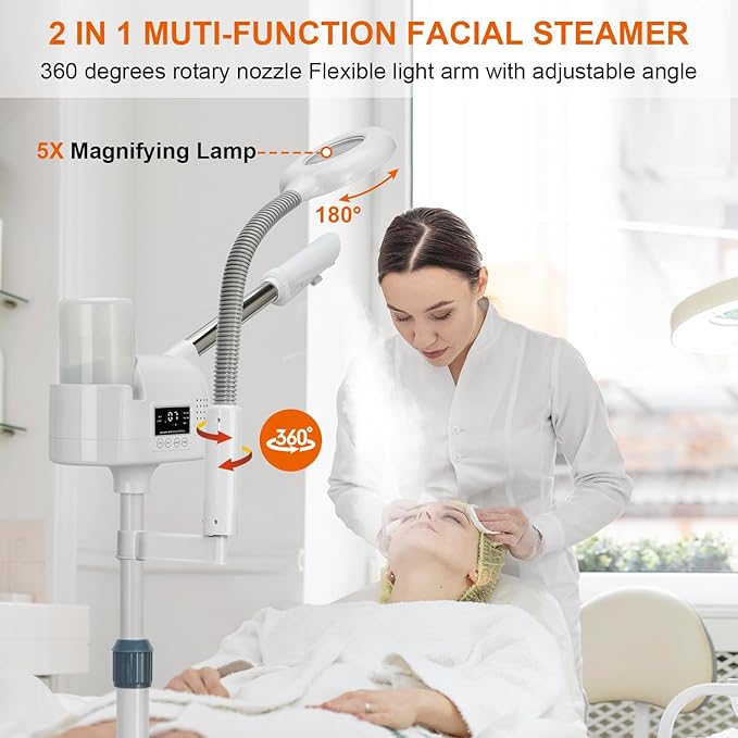 Professional Facial Steamer with 5X Magnifying Lamp, 2 in 1 Facial Steamer Upgrade PTC Heating, Esthetician Steamer Mist Face Steamer for Salon Spa Beauty Skin Care
